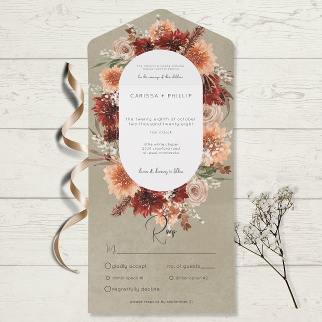 Fall Boho Rust & Peach Floral Oval Sage Dinner All In One Invitation (Creator Uploaded)