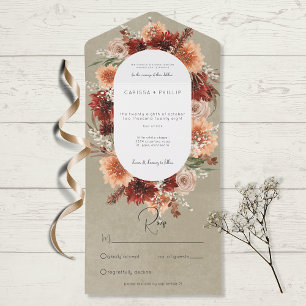 Fall Boho Rust & Peach Floral Oval Sage No Dinner All In One Invitation