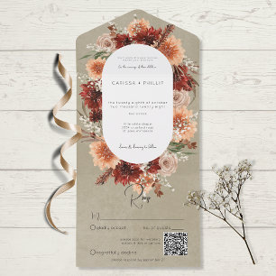 Fall Boho Rust & Peach Floral Oval Sage QR Code All In One Invitation