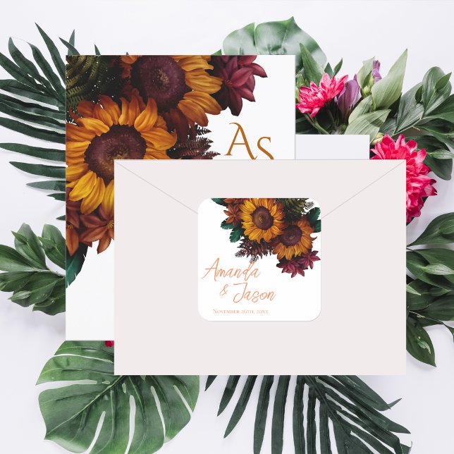 Fall Boho Rustic Burnt Orange Floral Wedding Square Sticker (Fall Boho Rustic Burnt Orange Floral Wedding Square Sticker)