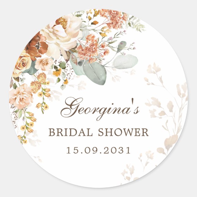 Fall Boho Terracotta Flower Garden Bridal Shower Classic Round Sticker (Front)