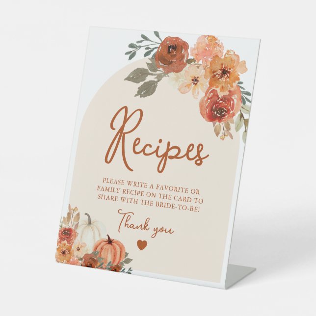 Fall Boho Terracotta Pumpkin Bridal Shower Recipes Pedestal Sign (Front)