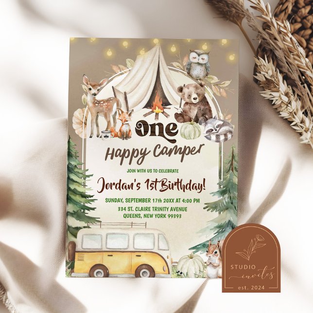 Fall Boho Woodland Boy Happy camper 1st Birthday Invitation (Creator Uploaded)