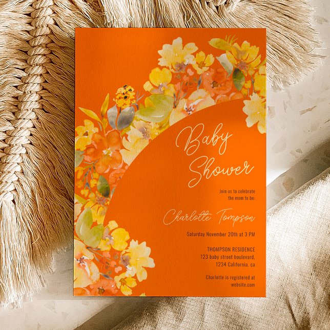 Fall boho yellow flowers script baby shower invitation (Fall boho yellow flowers script baby shower invitation on orange)