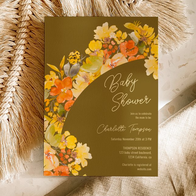 Fall boho yellow flowers script baby shower invitation (Fall boho yellow flowers script baby shower invitation on green)
