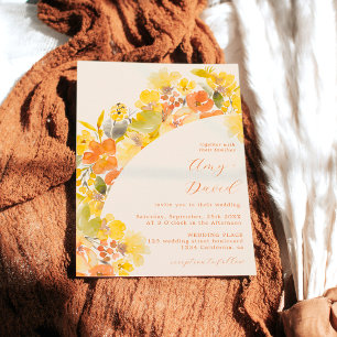 Fall boho yellow flowers script wedding invitation