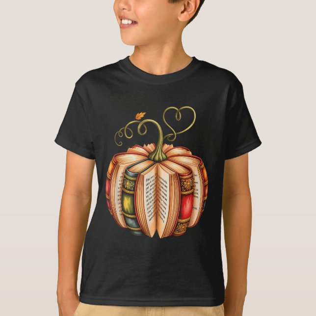 Fall Book Pumpkin Fall Librarians Bookworm Teacher T-Shirt (Front)