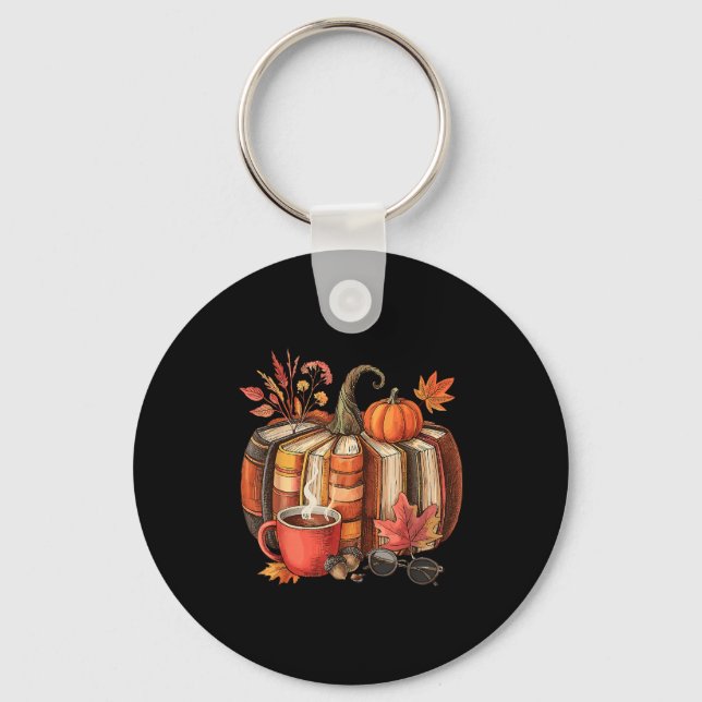 Fall Book Pumpkin Retro Reading Halloween Teacher  Key Ring (Front)