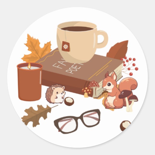 Fall book scene with cute creatures classic round sticker (Front)