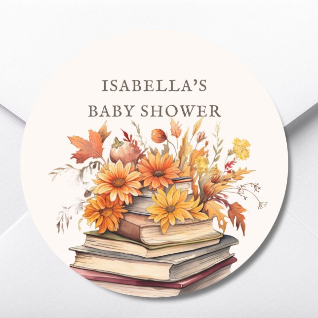 Fall Book Themed Baby Shower Favour Classic Round Sticker (Creator Uploaded)