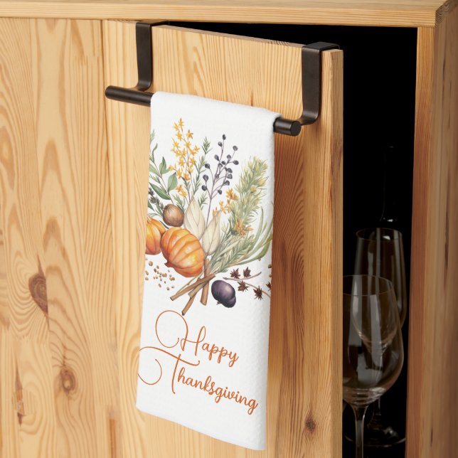 Fall Botanicals, Spices Happy Thanksgiving Tea Towel (Thirds Fold)