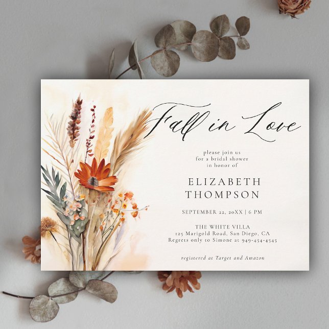 Fall Bouquet Romantic Boho Floral Bridal Shower Invitation (fall in love bridal shower invitation wildflowers terracotta watercolor elegant modern calligraphy)