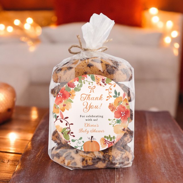 Fall Bow Boho pumpkin floral thank you baby shower Classic Round Sticker (Fall Bow Boho pumpkin floral thank you baby shower Classic Round Sticker)