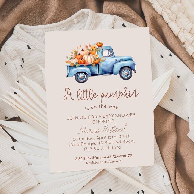 Fall Boy Baby Shower Blue Pumpkin Truck  Invitation (Creator Uploaded)