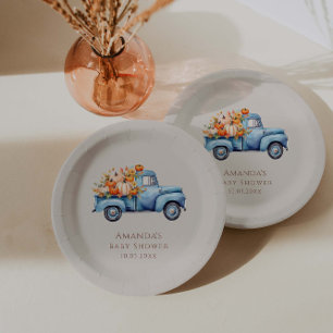 Fall Boy Baby Shower Blue Pumpkin Truck Paper Plate