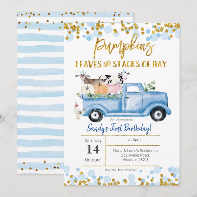 Fall Boy Farm Blue Pumpkin Truck Birthday Invitation (Front/Back)