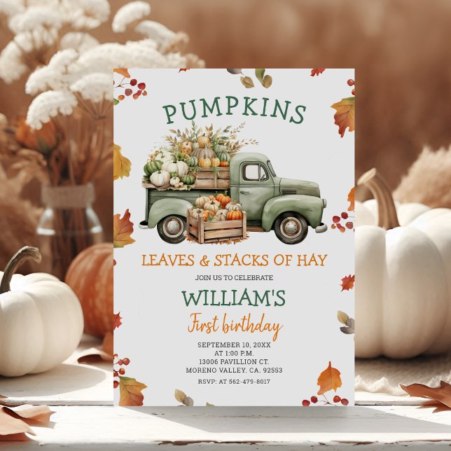 Fall Boy Pumpkin Sage Green Truck Birthday Autumn Invitation (Creator Uploaded)