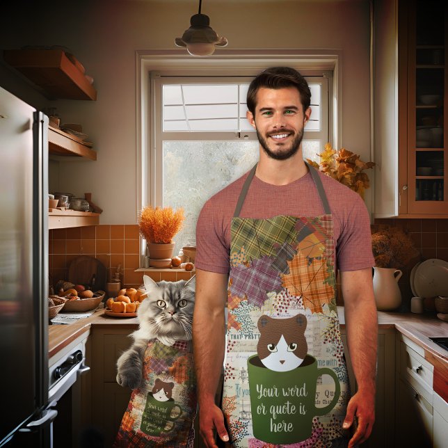 Fall Break Cat  Apron (A man wears her Fall Break Cat Apron in the kitchen. )