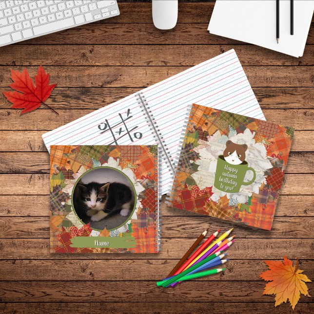 Fall Break Cat  Notebook (Autumn Break Cat Notebooks show the front, back and inside.)