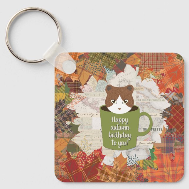 Fall Break Cat Square Key Ring (Front)