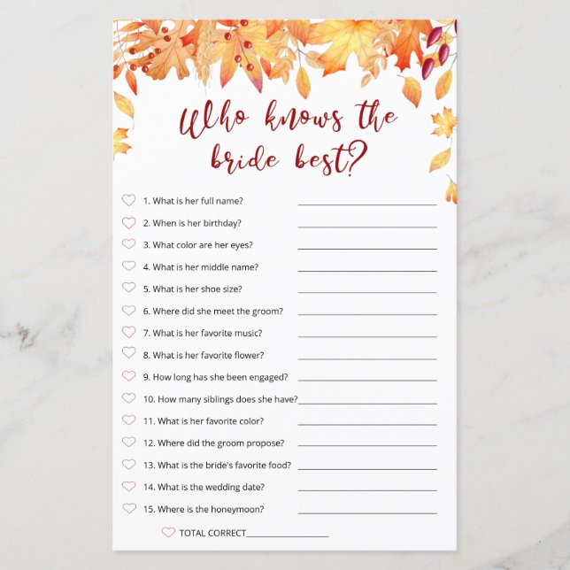 Fall Bridal Game - Who Know The Bride Best (Front)