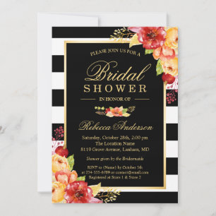 Fall Bridal Shower Autumn Gold Red Floral Stripes Invitation