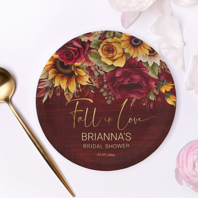 Fall bridal shower burgundy roses sunflowers paper plate (Fall in love bridal shower burgundy roses yellow sunflowers autumn bridal shower tableware)