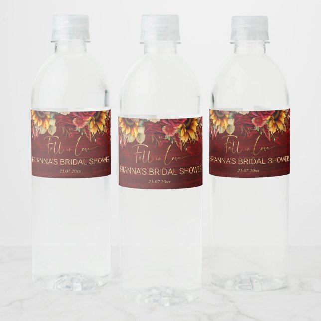 Fall bridal shower burgundy roses sunflowers water bottle label (Bottles)