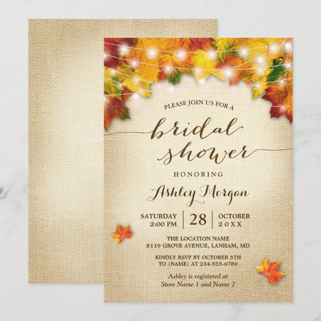 Fall Bridal Shower Burlap String Lights Leaves Invitation (Front/Back)