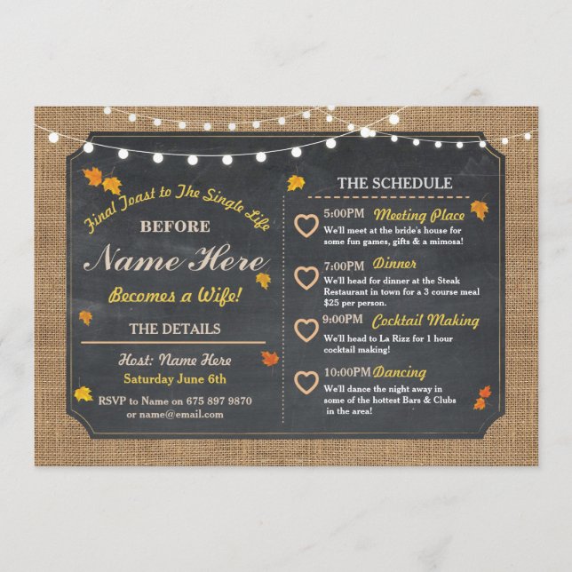 Fall Bridal Shower Chalk Itinerary Bachelorette Programme (Front)