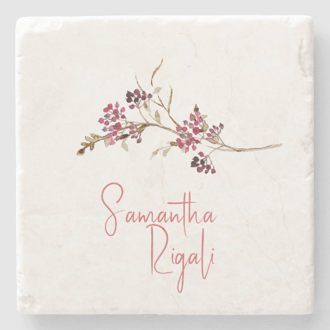 Fall Bridal Shower Favour – Botanical Berry Stone Coaster (Front)