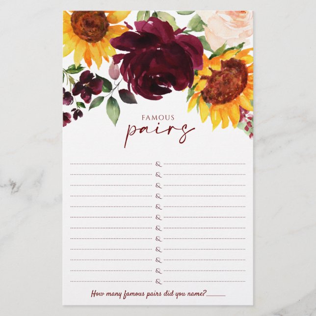 Fall Bridal Shower Game Famous Couples Sunflowers (Front)