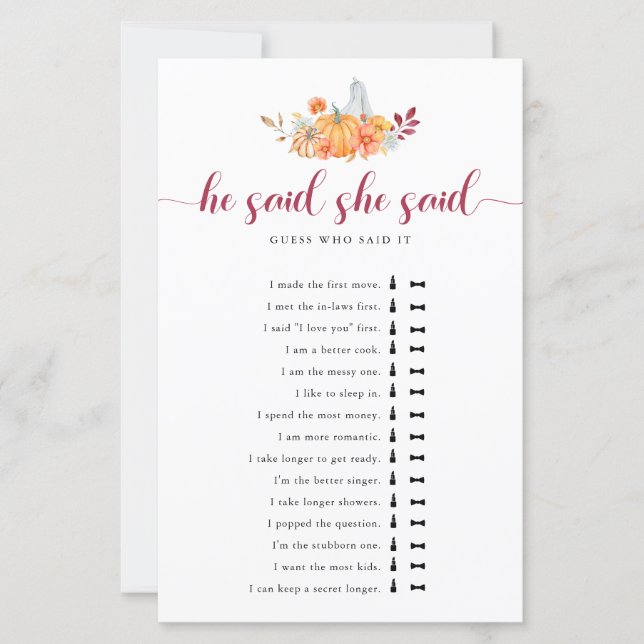 Fall Bridal Shower Pumpkin He Said She Said Game (Front)