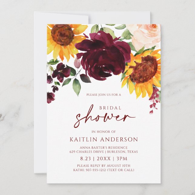 Fall Bridal Shower Sunflower Roses Burgundy Red In Invitation (Front)