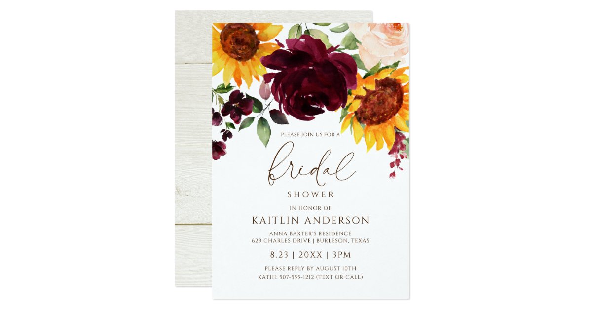 Fall Bridal Shower Sunflower Roses Burgundy Red Invitation | Zazzle.co.uk