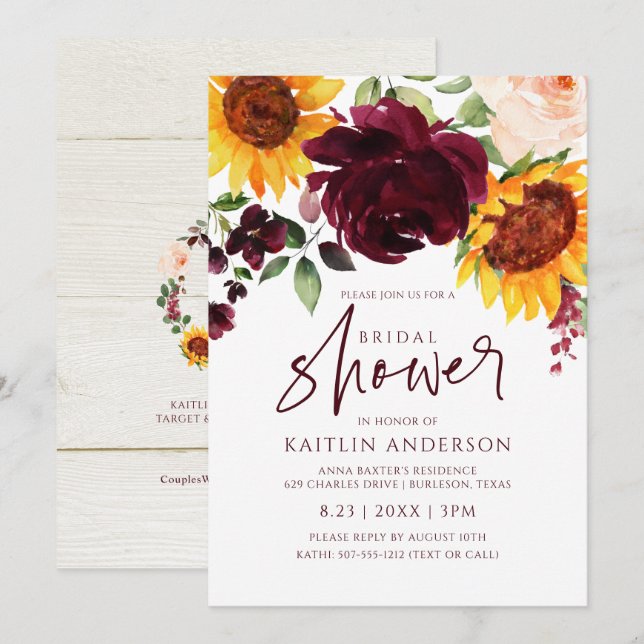 Fall Bridal Shower Sunflower Roses Burgundy Red Invitation (Front/Back)