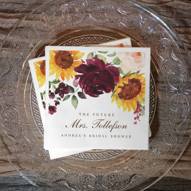 Fall Bridal Shower Sunflower Roses Burgundy Wine Napkin (Fall bridal shower napkins with "The Future Mrs." and watercolor florals in rich autumn tones.)