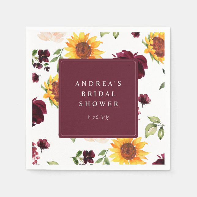 Fall Bridal Shower Sunflowers & Burgundy Roses Napkin (Front)