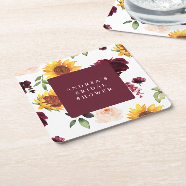 Fall Bridal Shower Sunflowers & Burgundy Roses Square Paper Coaster (Angled)