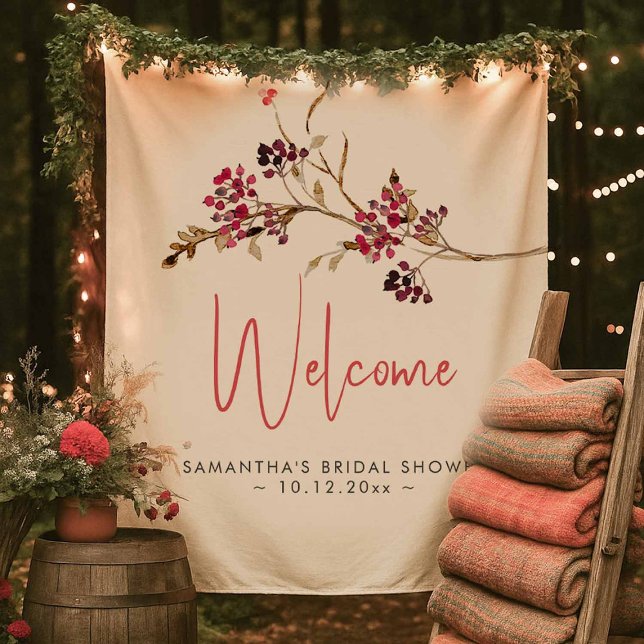 Fall Bridal Shower Welcome Sign – Rustic Berry Tapestry (rustic fall bridal shower theme features a Welcome tapestry with minimalistic watercolor botanicals)