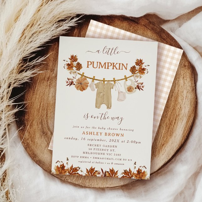 Fall Brown Beige Foliage Clothesline Baby Shower Invitation (Rustic Fall Baby Shower Invitation, Fall Baby Shower Invitation With Clothesline, Autumn Baby Shower)