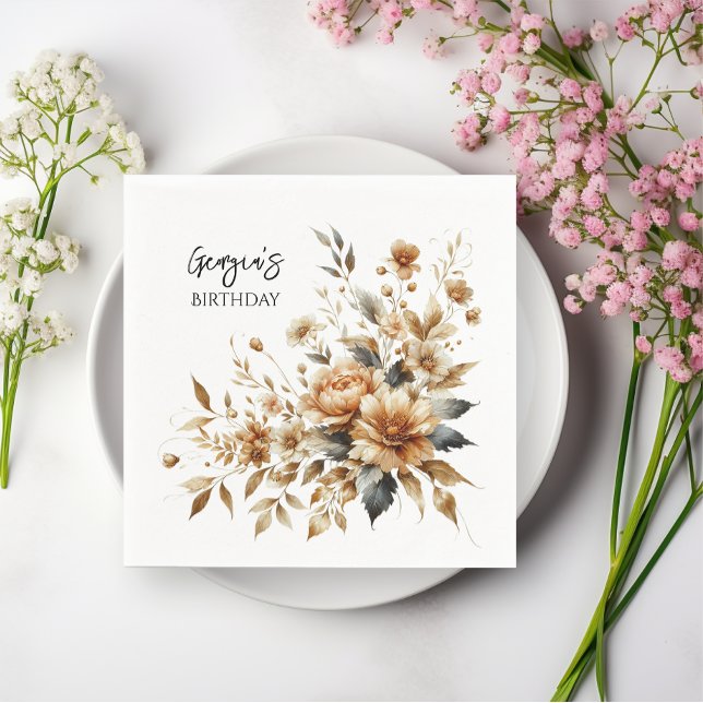 Fall Brown Floral Elegant Birthday Party Napkin (Fall Brown Floral Elegant Birthday Party Paper Napkins.  Celebrate your birthday beautifully!!)