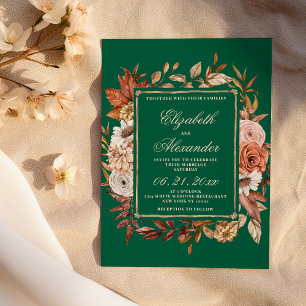 Fall brown green floral leaves winter wedding invitation