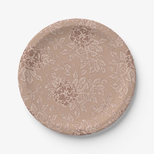 Fall Brown Hydrangea Flowers and Leaves Paper Plate (Front)
