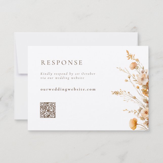  Fall Brown & Tan Wildflowers QR Code Wedding RSVP Card (Front)