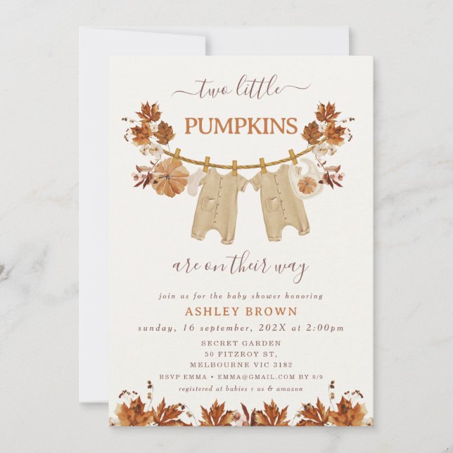 Fall Brown Twins Foliage Clothesline Baby Shower Invitation (Front)
