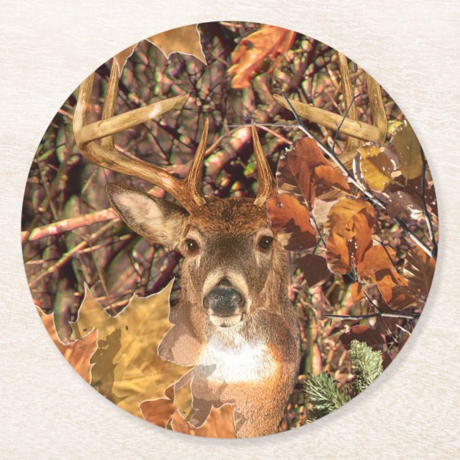 Fall Buck in Camo White Tail Deer Round Paper Coaster (Front)