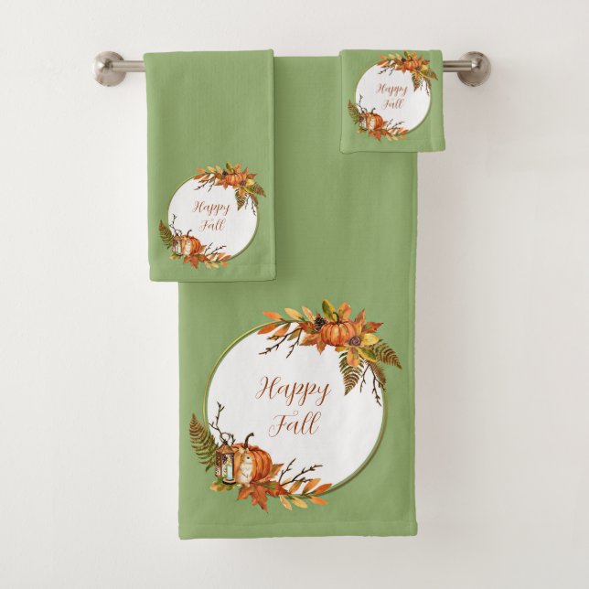 Fall bunny and pumpkins with customisable text  bath towel set (Insitu)