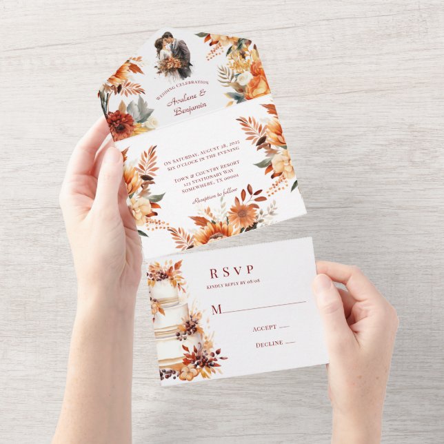 Fall Burgundy and Orange Floral Wedding All In One Invitation (Tearaway)