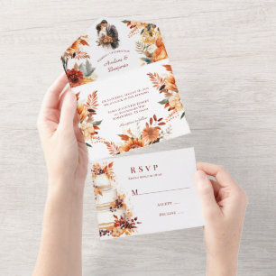Fall Burgundy and Orange Floral Wedding All In One Invitation